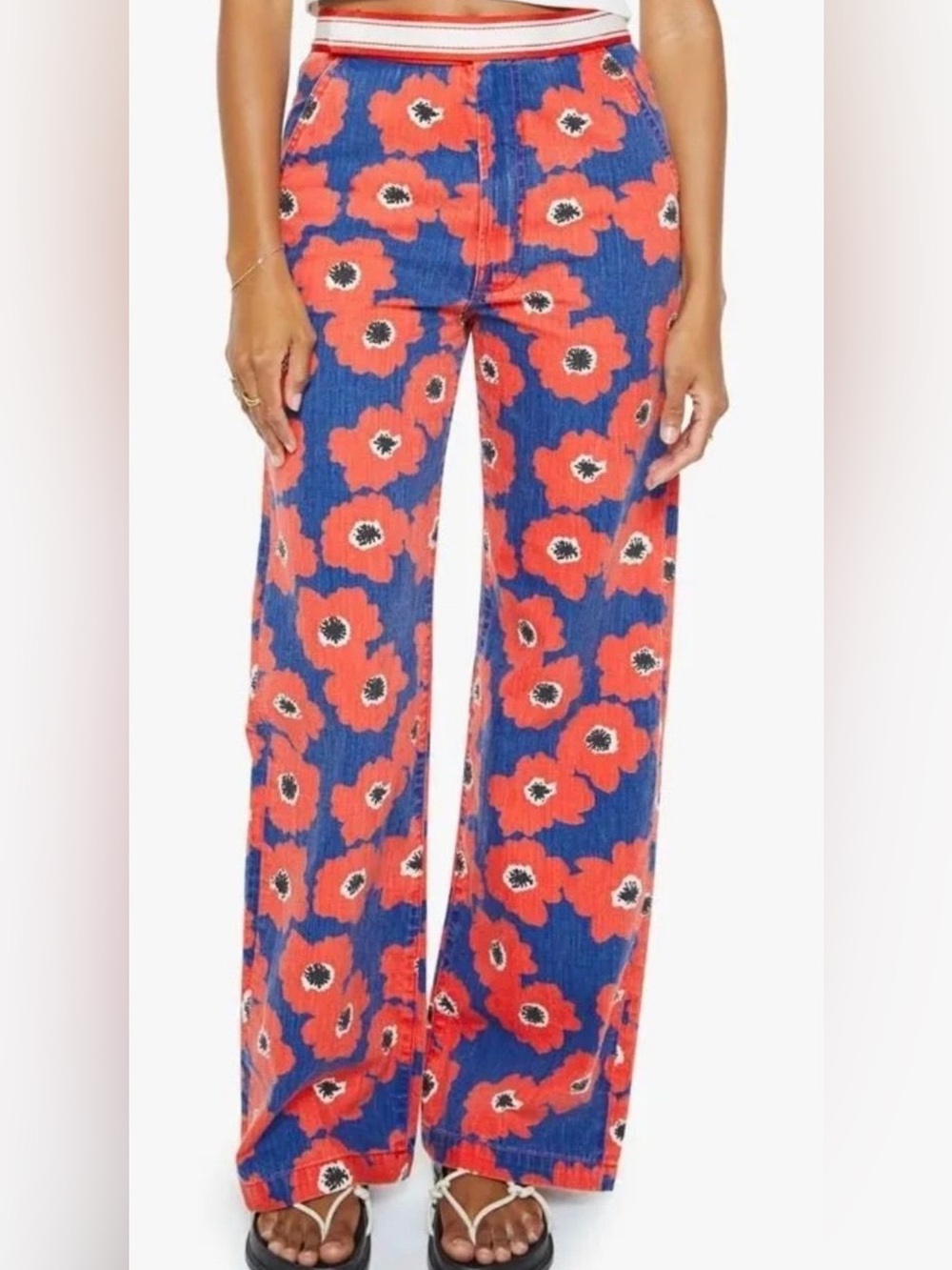 MOTHER Blue and Red Floral Straight Leg Pants